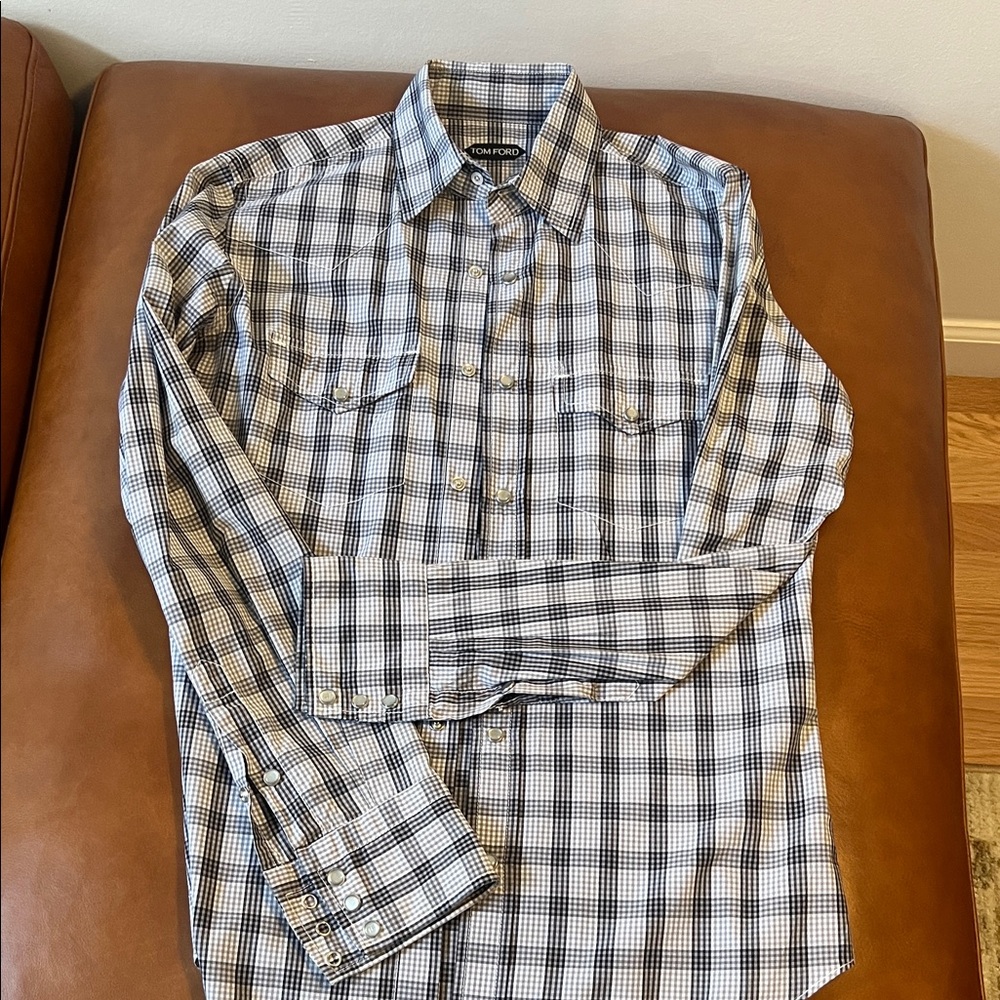 Tom Ford Grey and White Checkered Western Button Down Shirt